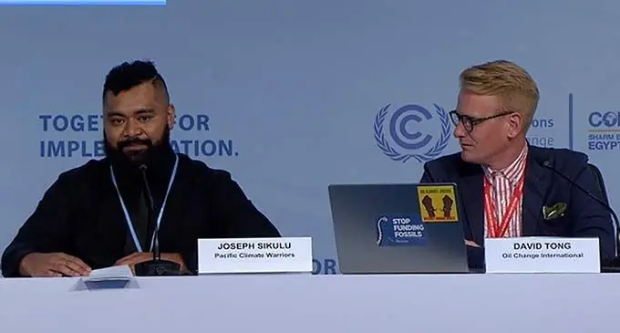 350.org Pacific managing director Joseph Sikulu (left), during a press conference at the COP27 venue in Sharm El-Sheikh, Egypt, on November 16, 2022. Photo: Inoke Rabonu