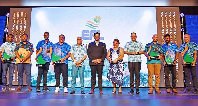 Energy Fiji Limited Employees of the Year Awards... 1st runner up 2021 Anisheel Mani, 2nd runner up 2021 Koroi Draunidalo, Winner 2019 Rajiv Hargyan Singh, Winner 2021 Ashneel Kumar, chief executive officer Hasmukh Patel, Attorney-General and Minister for Economy Aiyaz Sayed-Khaiyum, 2nd runner up 2019 Tute Cokula, Company chairman Daksesh Patel, 1st runner up 2019 Amitesh Chandra, 1st runner up  2020 Vinaal Vineet Prakash and 2020 winner Samu Ratu at the EFL awards night on August 27, 2022. Photo: DEPTFO News