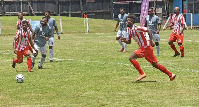 Labasa defender Akeimi Ralulu runs away from Rewa’s Kavaia Rawaqa during their Digicel Premier League clash at Subrail Park, Labasa, on February 19, 2022. Photo: Sampras Anand