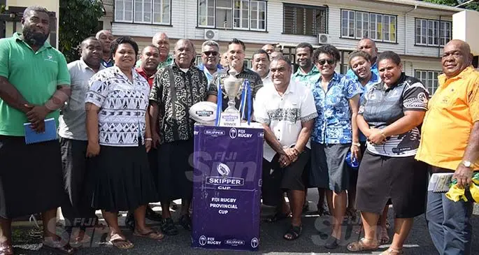 CJ Patel Group of Companies, Group Marketing Manager   Ashwin Prasad and Fiji Rugby Union Development Manager Sale Sorovaki (middle) with representatives of diffrent rugby union clubs during the launching of Skipper Cup on July 16, 2020. Photo: Ronald Kumar.