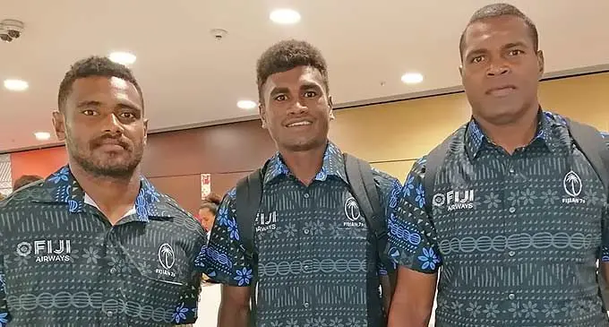 From left: Kaminieli Rasaku, Ropate Rere and Josua Vakurinabuli at Nadi International Airport on January 21, 2024. Photo: Mereleki Nai