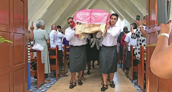 Pallbearers carrying the casket of Ratu Malakai Radikedike Ravoka after his homecoming service at the Nabua Methodist Church on, March 2, 2019    Photo: Ashna Kumar