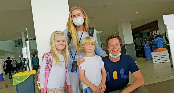 Australian couple, Ben and Jo Clark with their children, Jack and Maya at the Nadi International Airport on December 1, 2021. Photo: Nicolette Chambers