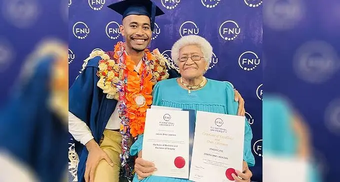 Josefa Lagicere with his grandmother Titilia Baleira, 84, following the FNU graduation at the Vodafone Arena in Suva on December 22, 2022. Photo: Nolishma Narayan