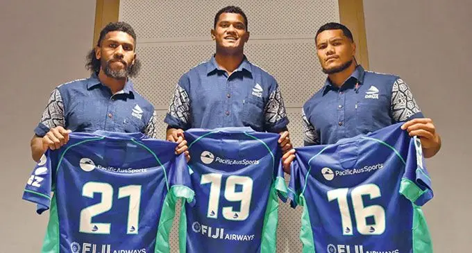 Swire Shipping Fijian Drua debutants (from left) Frank Lomani, Sorovakatini Tuifagalele, Zuriel Togiatama after the jersey presentation on March 11, 2022. Photo: Fijian Dua