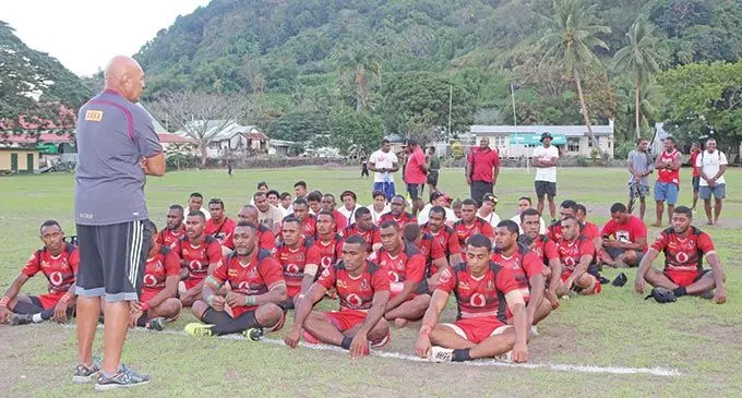 Former national rugby captain Koli Rakoroi speaks to the Macuata players before their 17-16 win against Ovalau in the Vodafone Vanua Championship quarterfinal at Nasau Park, Levuka on June 25, 2022. Photo: Manhar Vithal