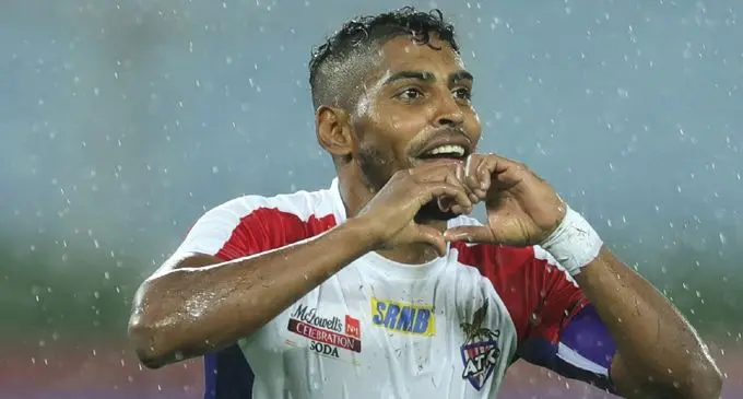 Roy Krishna celebrates after scoring one of his two goals for ATK as they beat Jamshedpur FC 3-1 at the Salt Lake Stadium in Kolkata, India on November 9, 2019. Photo: ISL