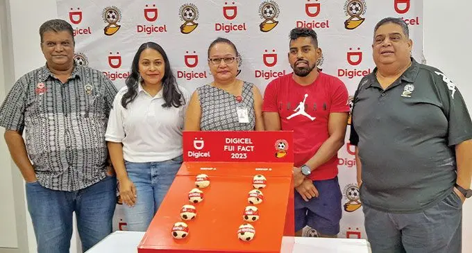 From left: Fiji Football Association chief executive officer Mohammed Yusuf, Naziah Ali-Krishna, Digicel Fiji regional manager west Florence Eyre, Roy Krishna and Fiji FA president Rajesh Patel in Martintar, Nadi on May 9, 2023. Photo: Waisea Nasokia