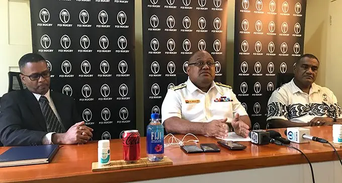 FRU chairman Commodore Humphery Tawake (middle) during a press conference. Photo: Kelera Sovasiga-Tuisawau