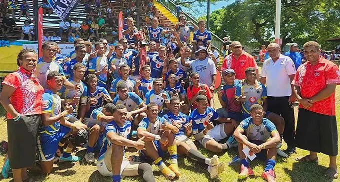 Ba Provincial Freebird Institute Dragons and Natabua High School Under-17 players after the Vodafone Western Zone secondary schools rugby league final at Garvey Park, Tavua, on April 6, 2024. Photo: Western Zone.