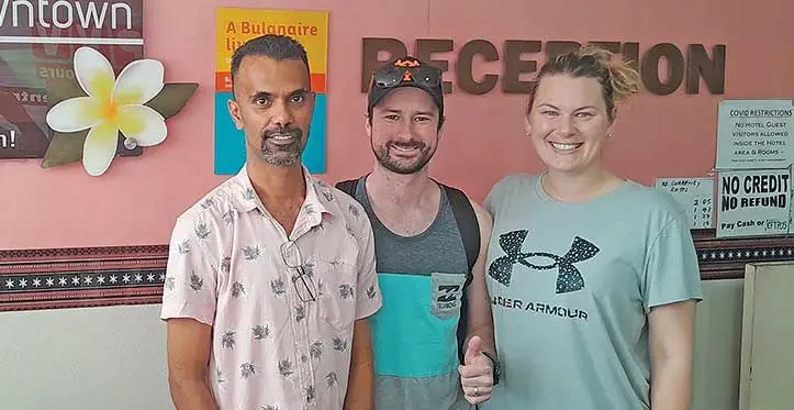 From left: Nadi Downtown Hotel director Chandra Prakash, with guests Cameron Janky and Samantha Pearson. Photo: Waisea Nasokia