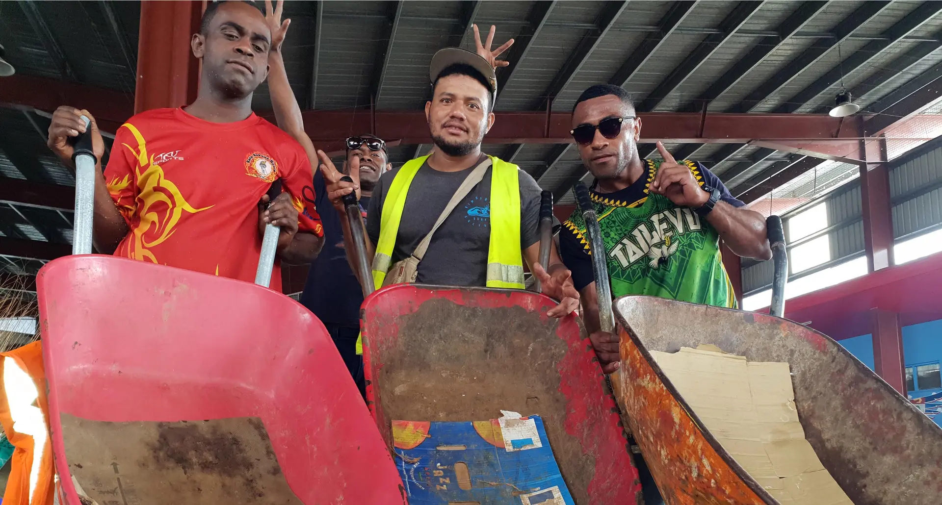 A few of the wheelbarrow boys at the Lautoka Bus Station. From left: Sai Tunidau, Gabby Yacarere, Paul Dansey and Tomasi Balewairiki inside the Lautoka Municipal Market on December 8, 2020. Photo: Nicolette Chambers