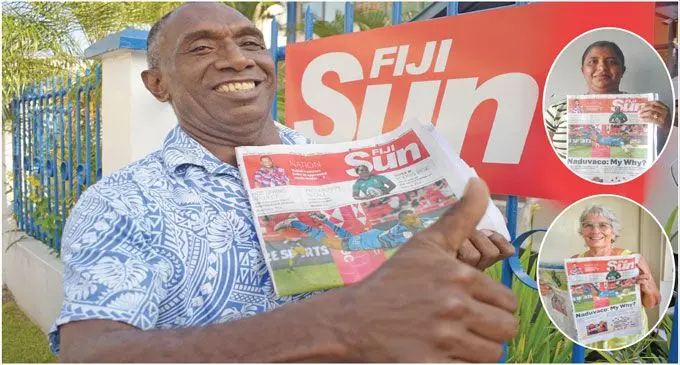 Fiji Sun Easter weekend for two at Hilton Resort promotion winner Saula Kunagaga, a security officer shows his joy on April 12, 2022 outside the Fiji Sun Head Office in Suva. Photo: Ronald Kumar Inset: (top - right) Shaleshni Singh and ( bottom- right) Lorraine Somerville - Fiji Sun’s Easter Competition major prize winners.