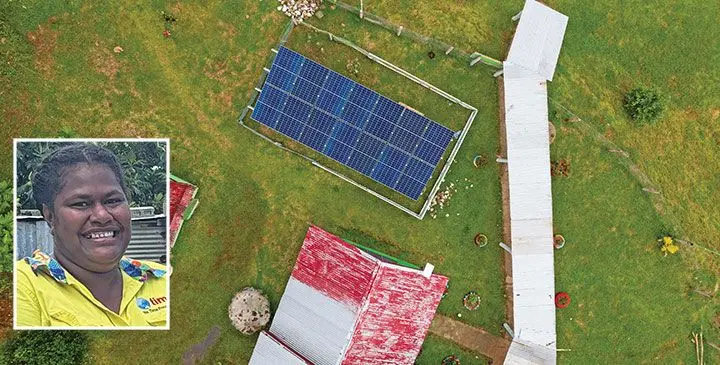 Solar power installed on Buakonikai Primary School on Rabi Island. Inset: Vasiti Talakubu, a licensed electrician specialising in installing solar and renewable energy.