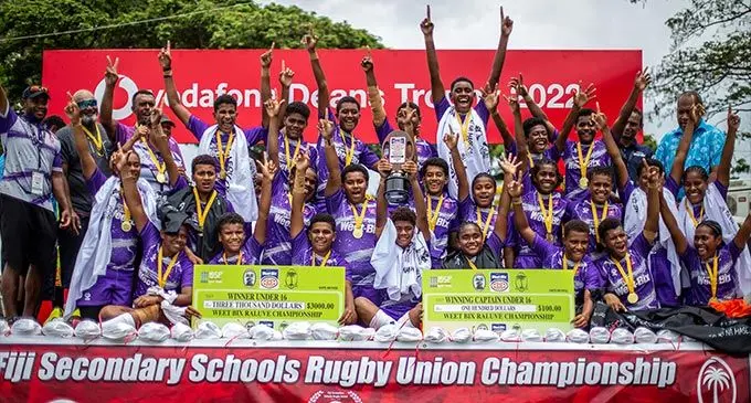 Sigatoka Methodist College Under-16 girls team on the victory podium at Churchill Park, Lautoka, today. Photo: Leon Lord.