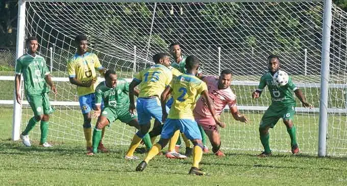 All in One Builders Nadi football captain and goalkeeper Vereti Dickson is pressured by the Nadroga strikers during their Digicel Premier League clash at Lawaqa Park, Sigatoka, on July 3, 2022. Photo: Waisea Nasokia