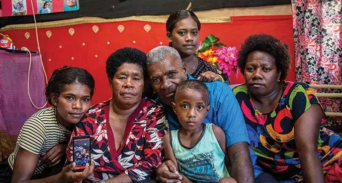 Tulia Masere’s family (From left) Sokoveti Vakasau (sister), Timaleti Masere (mother), Savenaca Tokainavo (father), Siteri Tinai (sister), Senei Cegu (sister) and the deceased’s eldest son Isaia Mara, 4, at their home in Naivicula Village, Wainibuka, Tailevu on March 27, 2022. Photo: Leon Lord
