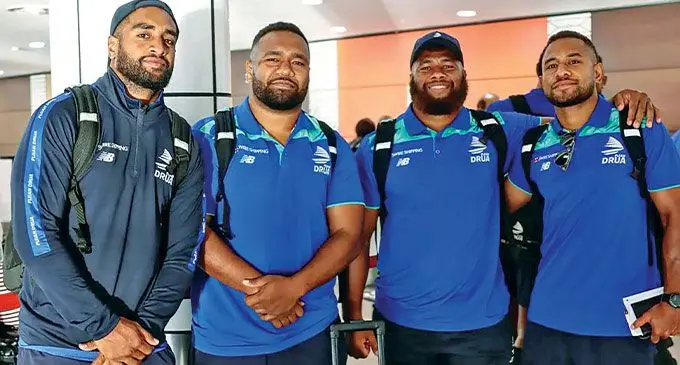 Swire Shipping Fijian Drua players (from left) Kemu Valetini, Jone Tiko, Jone Koroiduadua and Teti Tela before departing Nadi for Perth on May 9, 2023. The Drua will take on Western Force on Friday. Photo: Fijian Drua Media