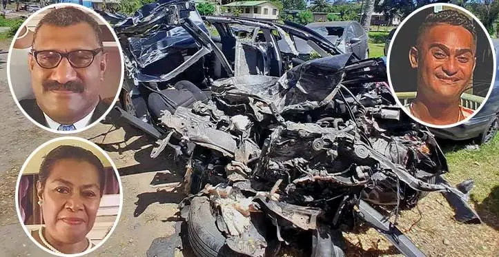 The car wreck parked at the Sigatoka Police Station. The three passengers who were killed in the accident are Asesela Wata Cokanacagi (inset/from top left), Meresiana Cokanagi (inset/bottom left) and Jonacani Nawainiqila (inset right).
