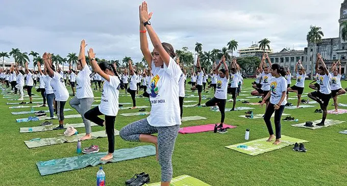 Participants performing the Yoga Asana during the 8th International Day of Yoga celebration at the Albert Park in Suva on June 21, 2022. Photo: Nolishma Narayan