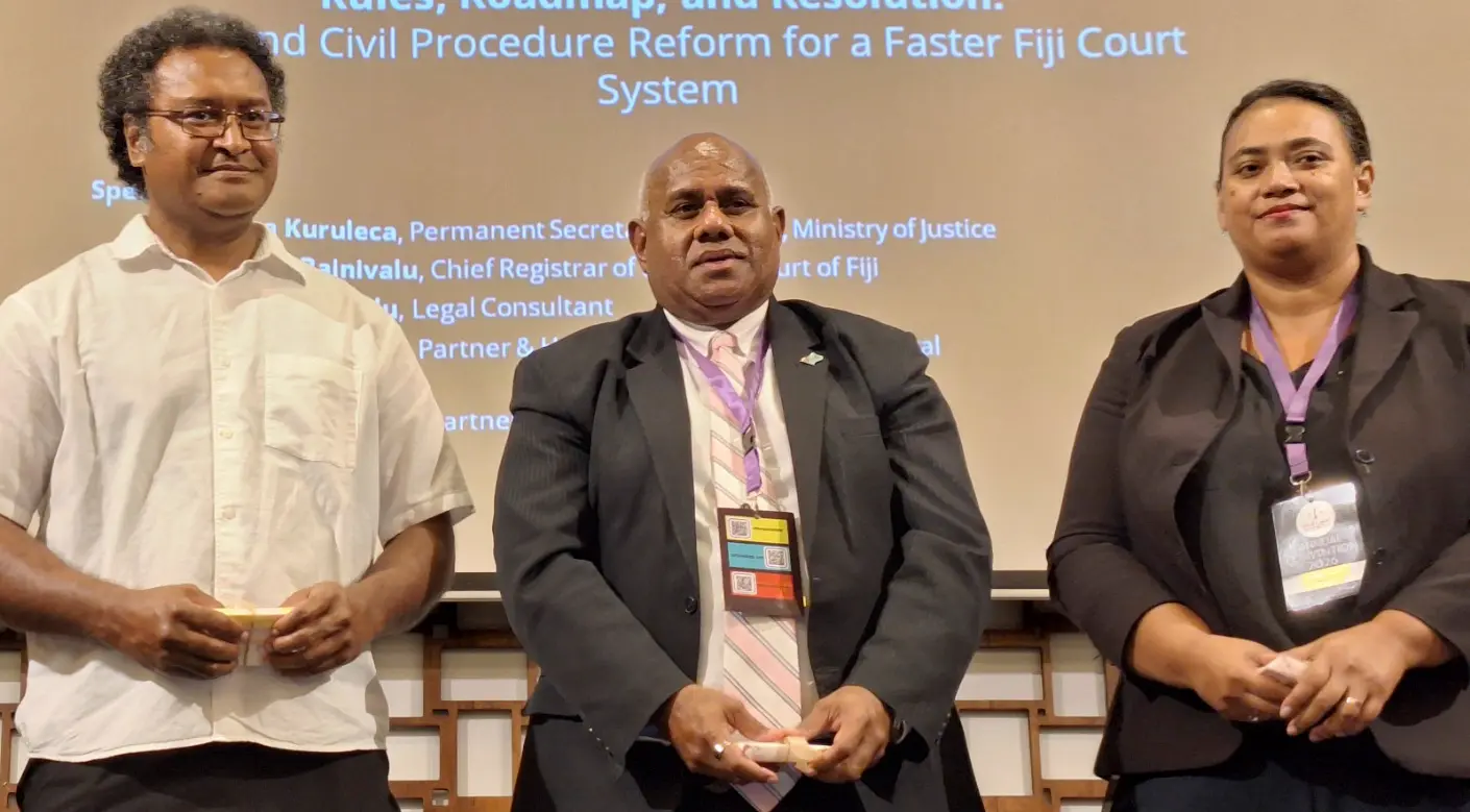 From left: Ministry of Justice legal consultant Luke Daunivalu, with High Court of Fiji chief registrar Tomasi Bainivalu and Ezer Law partner Virisila Lidise during the Fiji Law Society Convention 2026 at the Sheraton Fiji Golf and Beach Resort in Denarau, Nadi, on October 30, 2026. Photo: Katherine Naidu