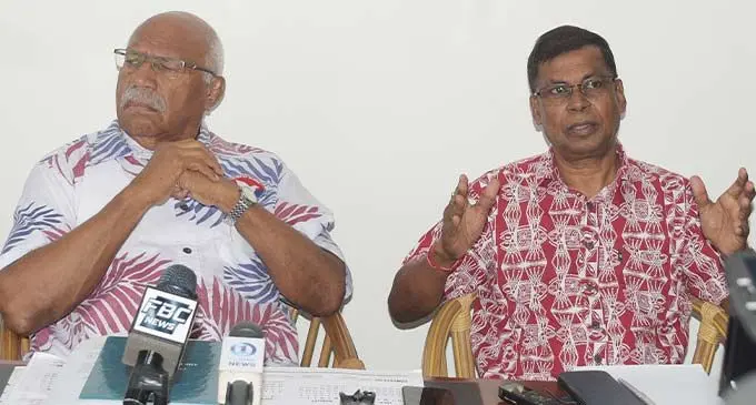The People’s Alliance leader, Sitiveni Rabuka, and National Federation Party leader, Biman Prasad. Photo: Ronald Kumar