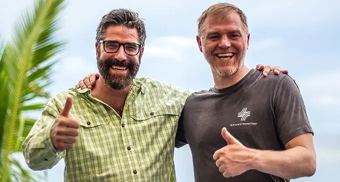 EMX Royalty Corporation general manager - exploration, Eric Jensen (left) with geologist Jeffrey Edelen, in Vuda, in March, 2022. Photo: Leon Lord 