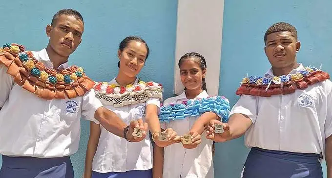 Holy Family Secondary School deputy head boy Suliasi Daurewa, deputy head girl Fane Koi, head girl Arunalika Deo, and head boy Waqabaca Tupou in Labasa on February 1, 2024. Photo: Jone Salusalu