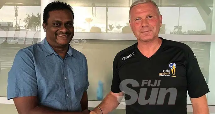 New Ba Football head coach Ricki Herbert is received by a Ba official Narayan Prakash at Nadi International Airport on January 25, 2020. Photo: Waisea Nasokia
