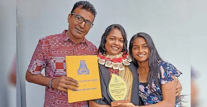 Radhika Chand (middle) with husband, Akash Sharma and daughter, Aastha Sharma during the Sangam Institute of Technology College of Nursing and Health Care Education graduation at Civic Centre in Labasa on July 28, 2023. Photo: Shratika Naidu