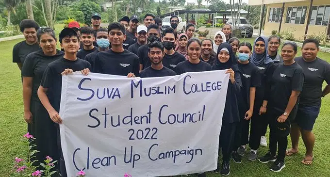 Suva Muslim College students and teachers with Suva City Council representatives at Suva Muslim College in Nabua on August 13.