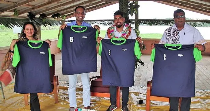 From left: Director Environment Sandeep Singh, Permament Secretary Waterways and Environment Joshua Wytecliffe, Fiji football captain Roy Krishna and Minister for Waterways and Environment Mahendra Reddy during the launch of their team. Photo: DEPTFO