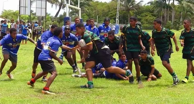 Rugby action between Lomaiviti and Eastern Saints Under-14 grade in 2021, with many players representing Suva Grammar School (SGS) and Marist Brothers High School. Photo: Suva Rugby Union Facebook