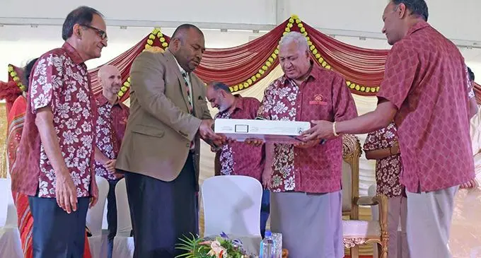 Prime Minister Voreqe Bainimarama with the Minister for Health and Medical Services Dr Ifereimi Waqainabete at the inauguration of the children’s heart screening centre within the Sai Prema Foundation Fiji on April 24, 2019.  Photo: DEPTFO News