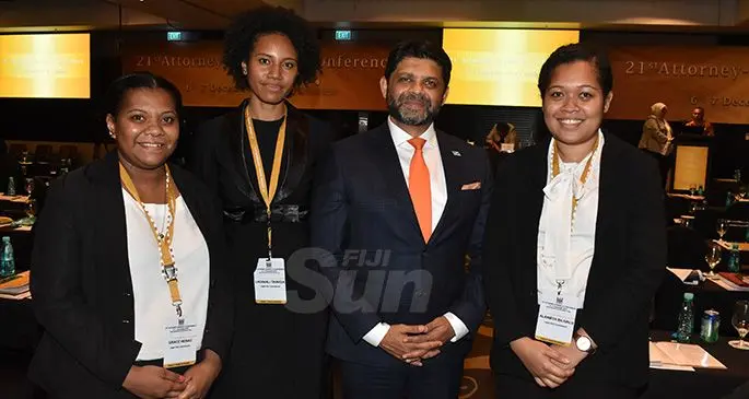 From left: Legal Aid Commission Lawyers Grace Henao and Lagakali Tavaiqia, Acting Prime Minister and Attorney-General Aiyaz Sayed-Khaiyum and Legal Aid Commission lawyer Alanieta Bilivalu at the 21st Attorney-General’s Conference at InterContinental Fiji Golf Resort and Spa in Natadola Bay on December 6, 2019. Photo: Waisea Nasokia