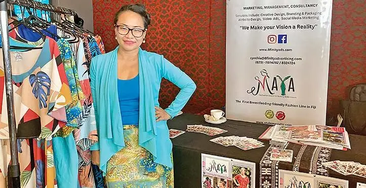 Cynthia A Cebujano in front of her display at the Pacific Islands Entrepreneurship Expo in Suva on August 30, 2023.