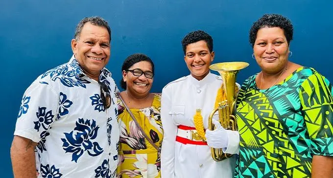 AFL Veiyasana team president and coach, Adriu Nabose, Merelesita Nabose, Siteri Makoto and her mother Miliakere Sulinibau following the Brass Band Graduation ceremony at FNU Multipurpose Hall in Valelevu on June 24, 2022. Photo: Nolishma Narayan