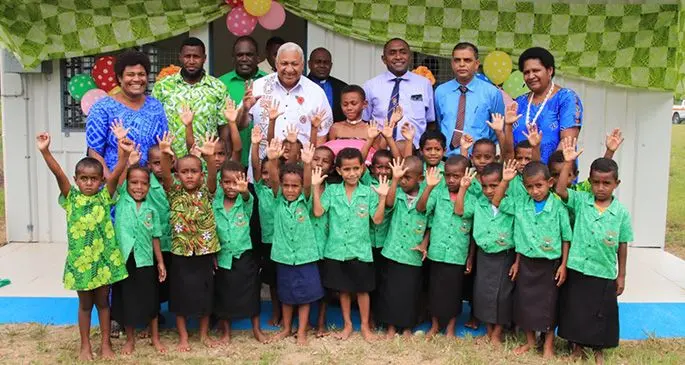 Prime Minister Voreqe Bainimarama with teachers, parents and students at their new Nabukaluka Kindergarten in Nabukaluka, Naitasiri on November 4, 2019.