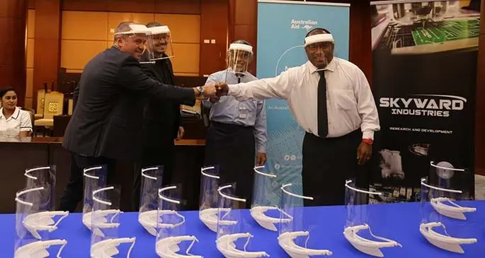 Skyward Industries, in partnership with the Australian government-funded Market Development Facility (MDF), today donated the first set of locally-made 3D-printed face shields to the Ministry of Health and Medical Services (MoHMS) COVID-19 Incident Management Team (IMT). Photo: Australian Embassy
