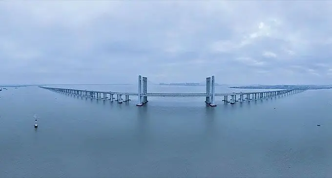 This stitched aerial photo taken on February 4, 2023 shows the Quanzhou Bay cross-sea bridge, a part of the Fuzhou-Xiamen high-speed railway, in east China’s Fujian Province. Photo: Xinhua