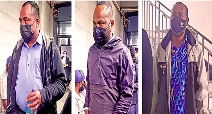 From left: Police Constables Eloni Marakeiwai, Saula Musukanasa and Jesoni Dranivesi outside the Suva Magistrates Court on October 20, 2021.   Photo: Ronald Kumar 