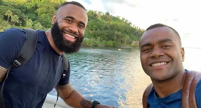 From left; Fiji Airways Flying Fijians centre Semi Radradra with Fiji Airways Fijian 7s winger  Alasio Naduva bound for Welagi, Taveuni  for the Radradra 7s which starts on Wednesday .   Photo: Alasio Naduva