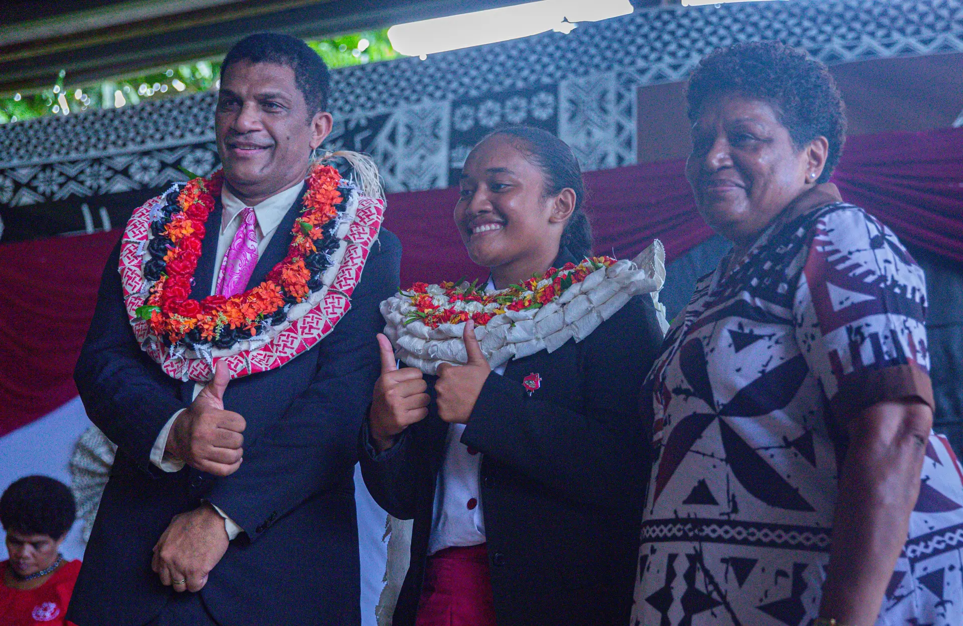 Minister for Education Aseri Radrodro (left) with Adi Cakobau School head girl Sereima Naivilawasa after the prefects investiture ceremony.