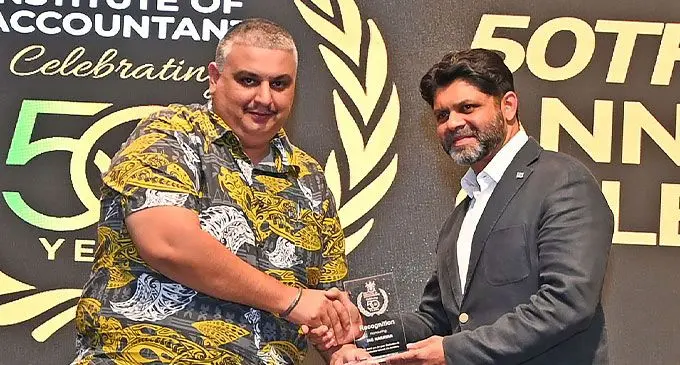 Fiji Institute of Chartered Accountants President, Tarlochan Singh and the Minister of Economy Aiyaz Sayed-Khaiyum at the Accountants Convention in June, 2022. Photo: Fijian Government.