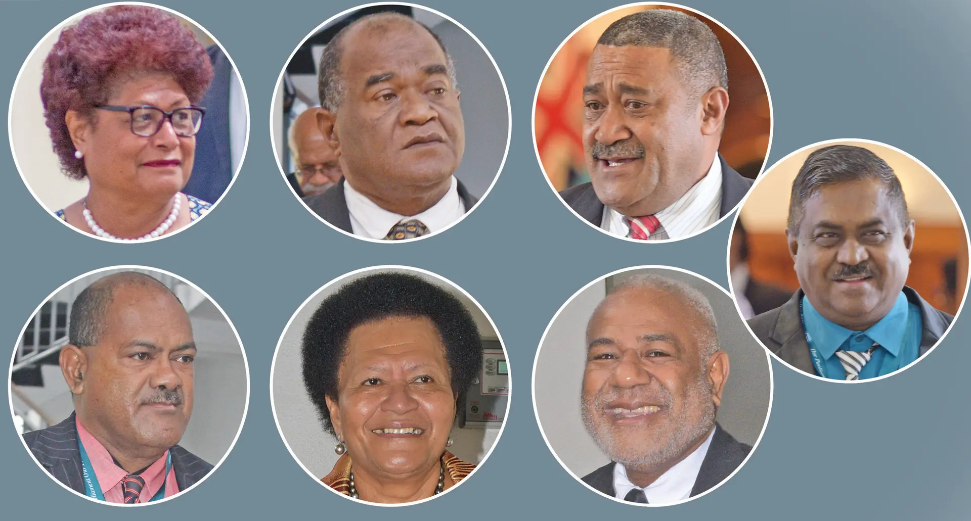 TOP ROW (from left): SODELPA Opposition MPs Salote  Radrodro, Niko Nawaikula and Ratu Suliano Matanitobua; MIDDLE ROW (from left): SODELPA Opposition MPs Peceli Vosanibola, Adi Litia Qionibaravi and Simione Rasova; Middle Right : FijiFirst MP Vijendra Prakash.   Photos: LEON LORD, RONALD KUMAR 