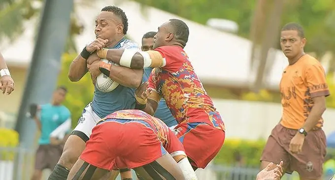 Enterprising Nadi fullback Sela Toga is tackled by Namosi centre Onisi Ratave during the Skipper Cup/ Farebrother-Sullivan Trophy clash at the ANZ Stadium, Suva, on October 24, 2020. Nadi won 22-21 and will defend the Farebrother-Sullivan Trophy against Tailevu on Saturday. Photo: Ronald Kumar