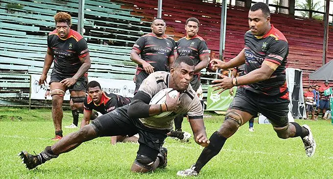 BLK Nadroga lock Aporosa Matakasa goes over to score a try against Naitasiri during the INKK Farebrother-Trophy Challenge at Ratu Cakobau Park, Nausori, on June 1, 2024. Naitasiri won 11-10. Both teams now turn their focus to this weekend’s Skipper Cup quarterfinals. Photo: Ronald Kumar