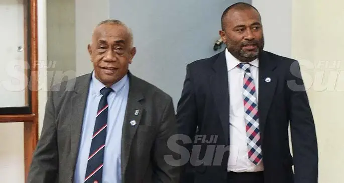 Government MP Jale Sigarara and Minister for Health and Medical Services Dr Ifereimi Waqainabete outside Parliament on February 20, 2020. Photo: Kelera Sovasiga