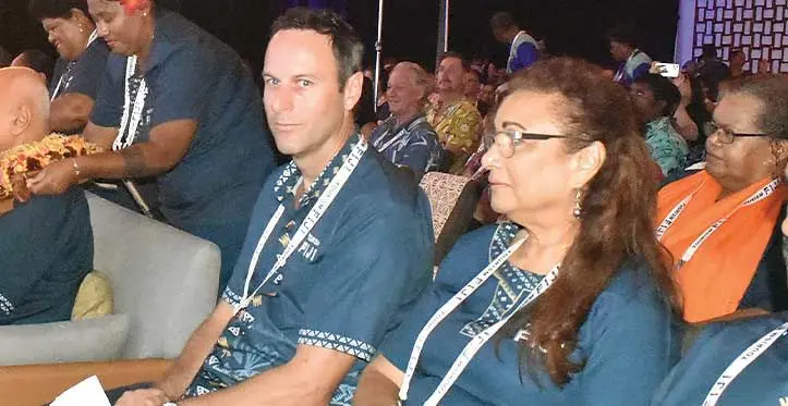 Tourism Fiji chief executive officer, Brent Hill (looking at camera) with Fiji Hotel and Tourism Association chief executive officer, Fantasha Lockington, at the Fiji Tourism Expo 2023