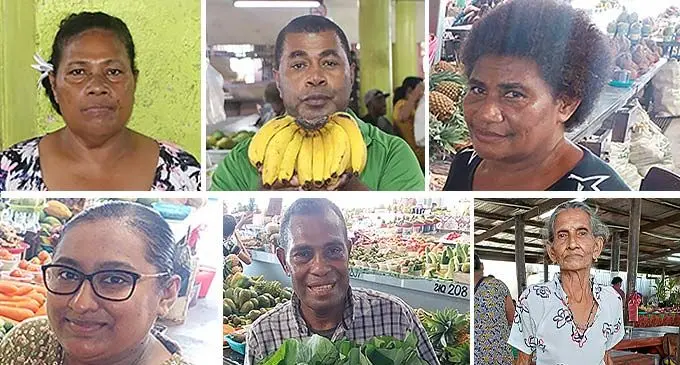 (From top left) Suva Municipal Market vendor Sinate Bale, Suva Municipal Market vendor Pita Baleca and Laisani Vatuwaliwali at her stall in the Namaka Market in Nadi. (Bottom left) Fareen Azam at her stall in the Namaka Market in Nadi, Isikeli Rasei at his stall in the Namaka Market in Nadi and Jag Dahi at the Labasa Market on April 3, 2024.